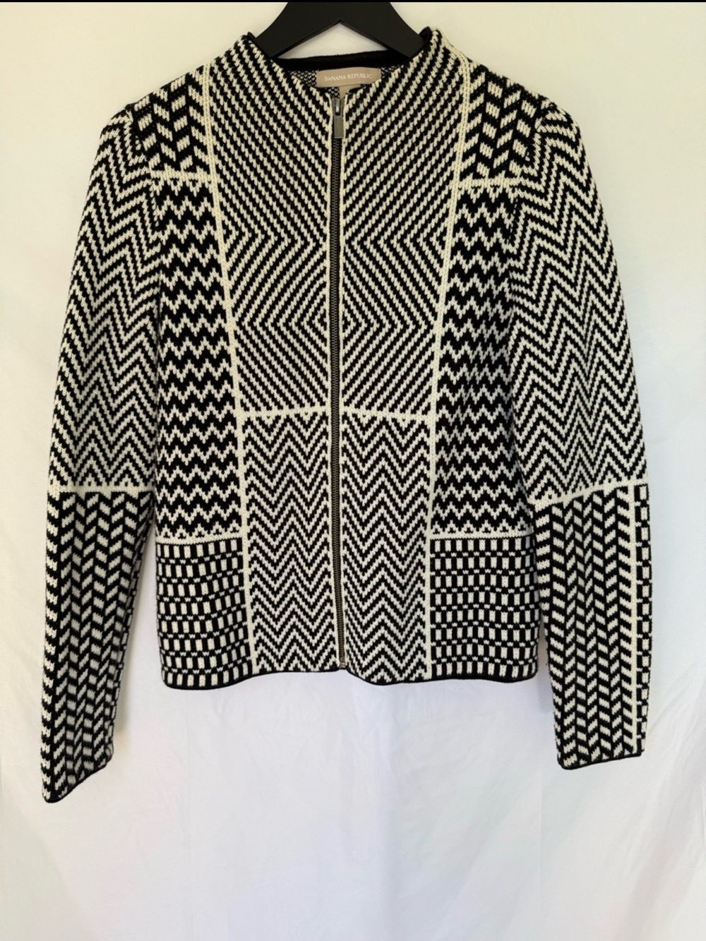 Banana Republic Cashmere Blend Geometric Patchwork Zip Knit Jacket Cardigan M